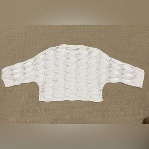 White Open Knit Crochet Cropped Boxy Sweater with Dohlman Sleeves, Size Medium.